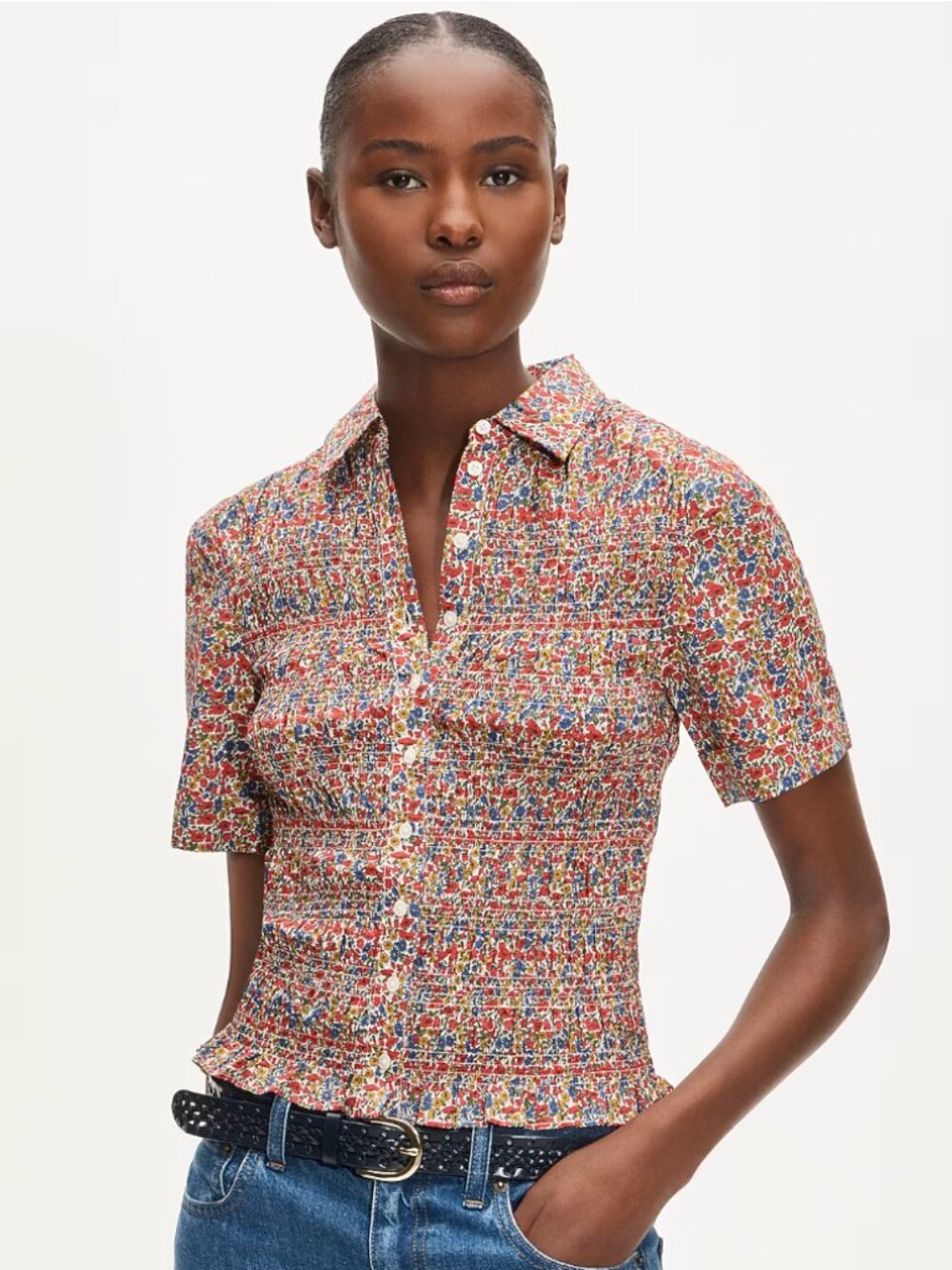 Smocked short-sleeve button-down shirt in Liberty floral fabric J. Crew